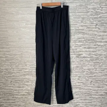 라벨 와이드 팬츠 블랙 린넨 혼방 롱 기장 캐주얼 심플