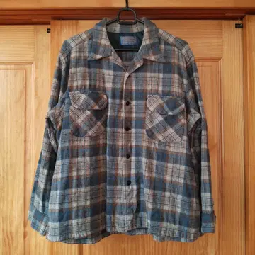 70s Pendleton 체크 무늬 오픈 카라 플란넬 셔츠 XL