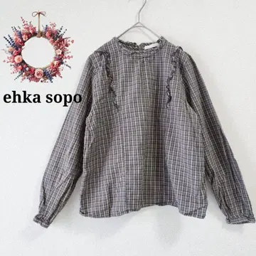 에카 소포 체크 무늬 프릴 블라우스 내추럴 걸리시 코튼 F