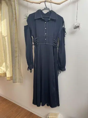 네이비 셔츠 스타일 롱 원피스
