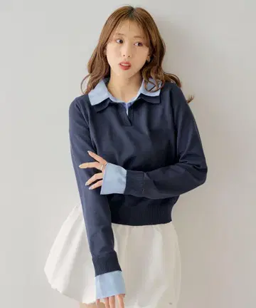 Chico 카라 부착 폴로 니트 니트 허리 리본 플리츠 스커트