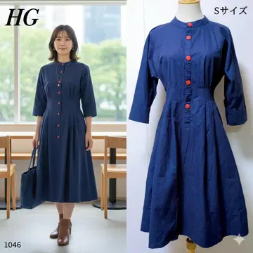 HG 네이비 원피스 스탠드 카라 7부 소매 빨간색 버튼 플레어 실루엣