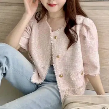 핑크 트위드 반팔 자켓
