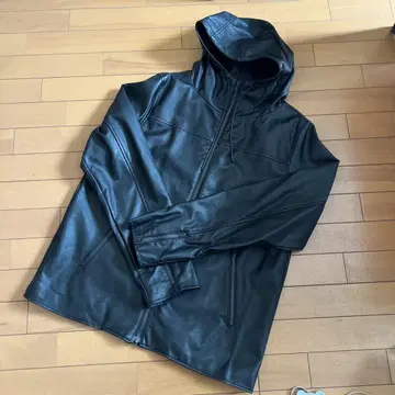 antiqua 후드 부착 블랙 가죽 자켓 루즈핏 L