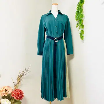 고품질 레이디 아젤 [M] 바이컬러 플리츠 셔츠 원피스 롱 기장