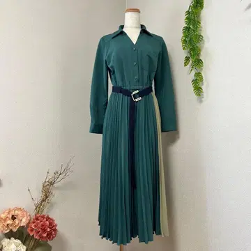 고품질 레이디 아젤 [M] 바이컬러 플리츠 셔츠 원피스 롱 기장