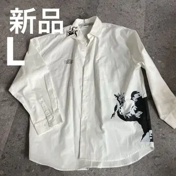 새상품 반크시 꽃다발을 던지는 남자 프린트 셔츠 화이트 레어 L 사이즈