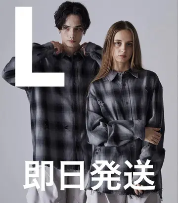 clel 빈티지 디자인 데미지 체크 셔츠 L 블랙 그레이