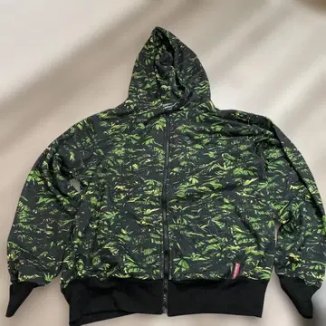 KINGSIZE 그린 잎 패턴 풀 집업 후드티 킹사이즈