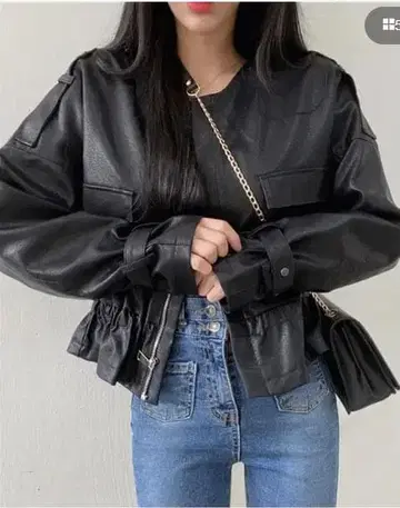 인조 가죽 여성용 숏 기장 자켓