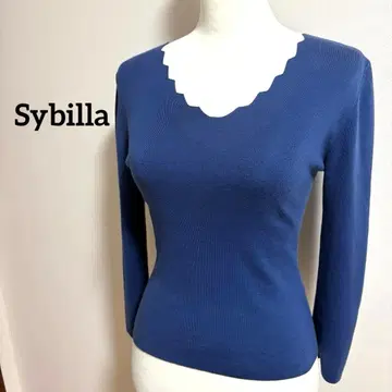 Sybilla 파랑 스캘럽 넥 긴팔 니트 얇은 소재 코튼 M