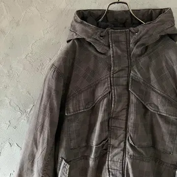 빈티지 자켓 다크 컬러 체크 무늬 충전솜 풀 집업 LO3