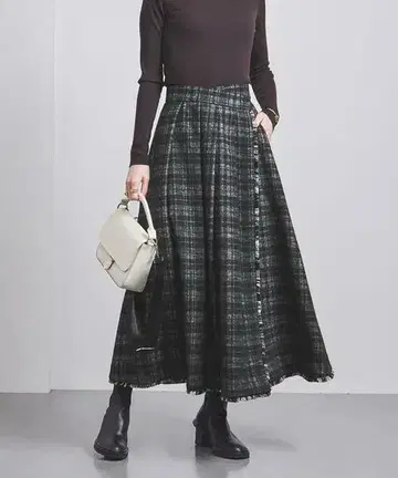 UNITED ARROWS 체크 롱 스커트 블랙 울 랩