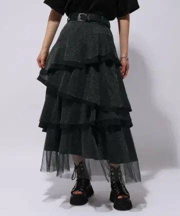 HARE 라메 시어 믹스 캉캉 스커트 블랙 모드 반짝임