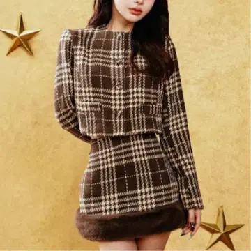 다리치 숏 트위드 자켓 도킹 퍼 트위드 미니 스커트