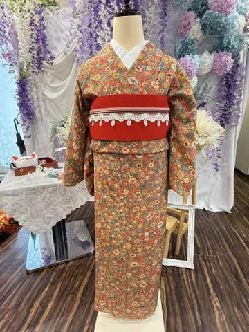 꽃무늬 코몬 기모노 빨간색 오비 포함