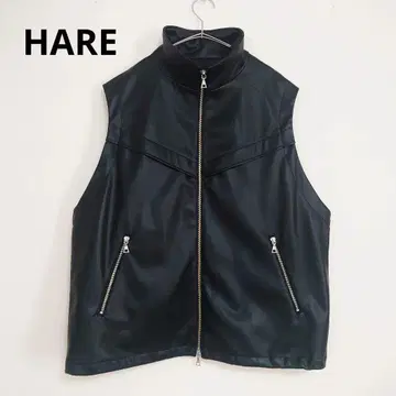 HARE 소재 ZIP 스탠드 베스트 인조 가죽 베스트