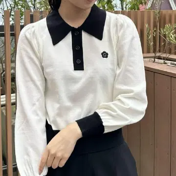 maryquant 바이컬러 데이지 폴로 긴팔 풀오버 아이보리 폴로 니트