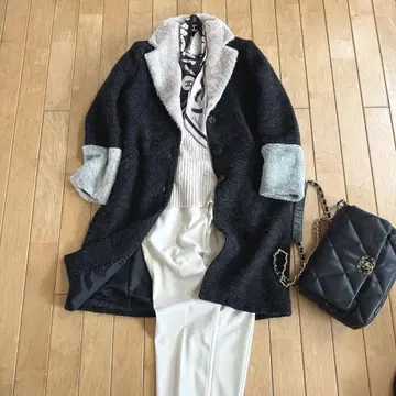 새상품급 이탈리아제 울 모헤어 샤기 코트 컬러 블록