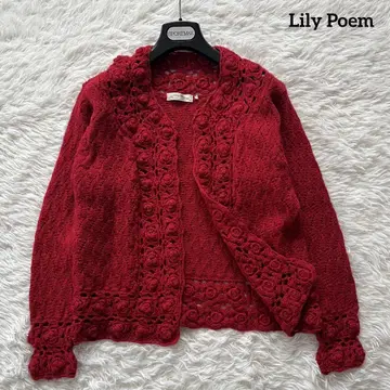 Lily Poem 니트 가디건 꽃 모티브 울 100% 빨간색