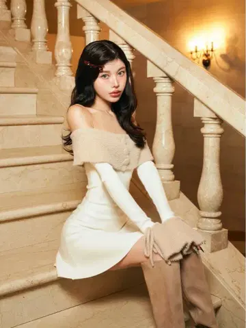 다리치 오프숄더 샤기 니트 미니 원피스 FL