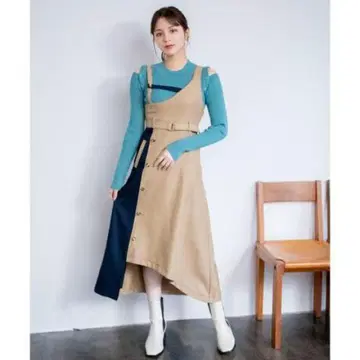 하이 컬러 블록 아지메 오버롤 스커트 레이디 아젤 REDYAZEL S