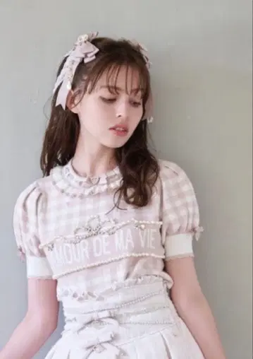 LIZ LISA 리즈리사 깅엄 자카드 니트탑 핑크