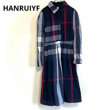[ HANRUIYF ] 긴팔 셔츠 원피스 체크 무릎 아래 기장 풀오버