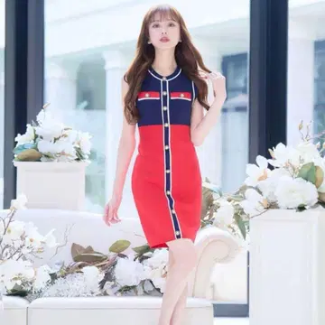에미리아 슬리브리스 미니 원피스 S 네이비/레드