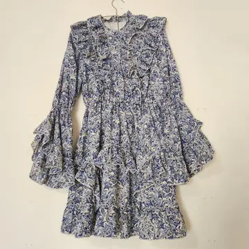 MOUSSY 프릴 장식 블루 화이트 꽃무늬 미니 원피스