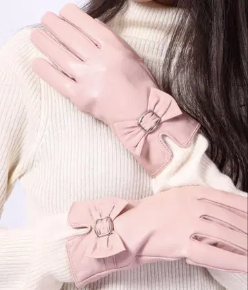 [ 완판 ] 리본 포함 핑크 장갑 라무 가죽