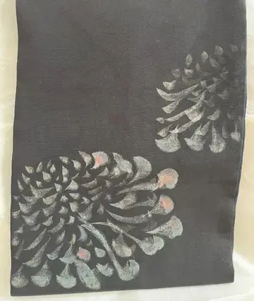 나고야 오비 블랙에 손글씨 꽃 무늬 순수 실크