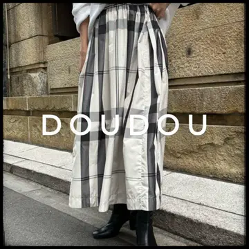 DOUDOU 체크 무늬 플레어 롱 스커트