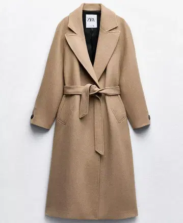 ZARA 롱 라인 벨트 울 블렌드 코트 골든 브라운
