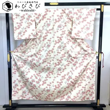 츠무기 기모노 빨간 동백꽃 무늬 연한 색 교육용 실 K-4208