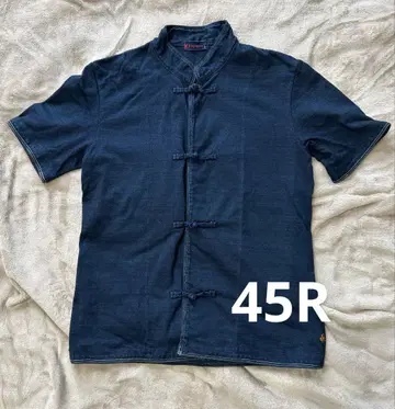 45R 인디고 염색 반팔 프론트 오픈 티셔츠