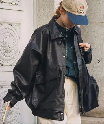 빈티지 스타일 오버 사이즈 블루종 가죽 자켓 블랙