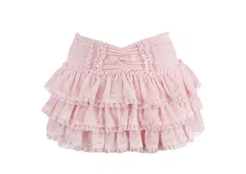bobon21 티어드 레이스 벨로아 스커트 밀크 핑크