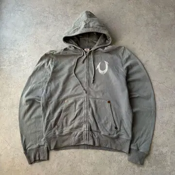 정품 TRUE RELIGION 풀 집업 후드티 로고 그레이