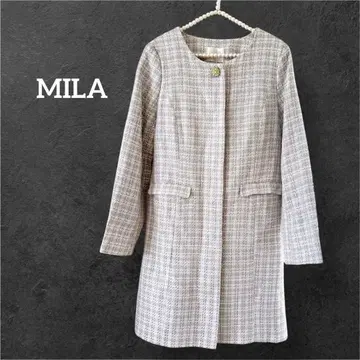 MILA 노카라 트위드 코트 비쥬 버튼 라이트 그레이 계열