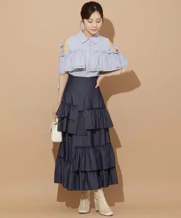 다크 네이비 프릴 롱 스커트