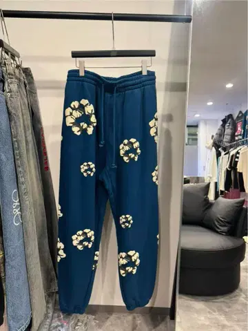 파랑 꽃무늬 조거 팬츠 L