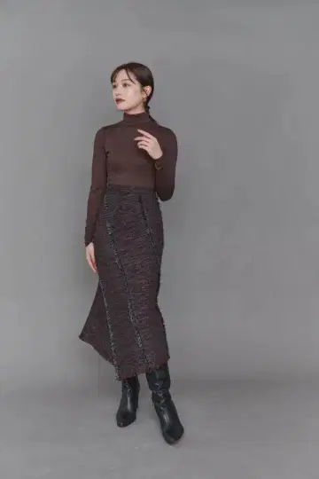 L'Or 로르 스파이럴 트위드 스커트 브라운