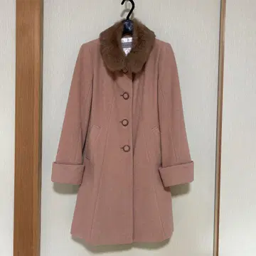 살몬 핑크 퍼 옷깃 롱 코트