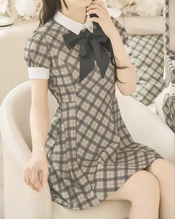 미셸 마카롱 오리지널 체크 무늬 리본 미니 원피스 F