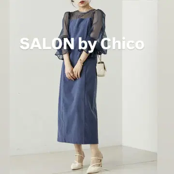 [새상품급] SALON by Chico 배색 시스루 타이트 롱 드레스