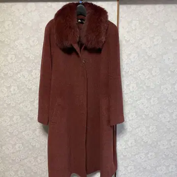 울 혼방 버건디 롱 코트 퍼 카라 부착