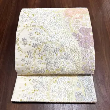 순수 실크 육통 후쿠로 오비 [ 자수 꽃들 눈꽃 문양 ]