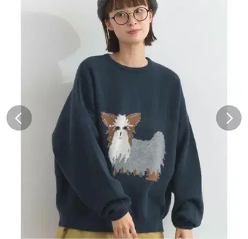 Lupilien W 페이스 자카드 니트 강아지 패턴 풀오버 네이비