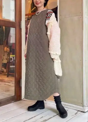 BEAMS BOY 퀼팅 원피스 올리브 그린 ONE SIZE